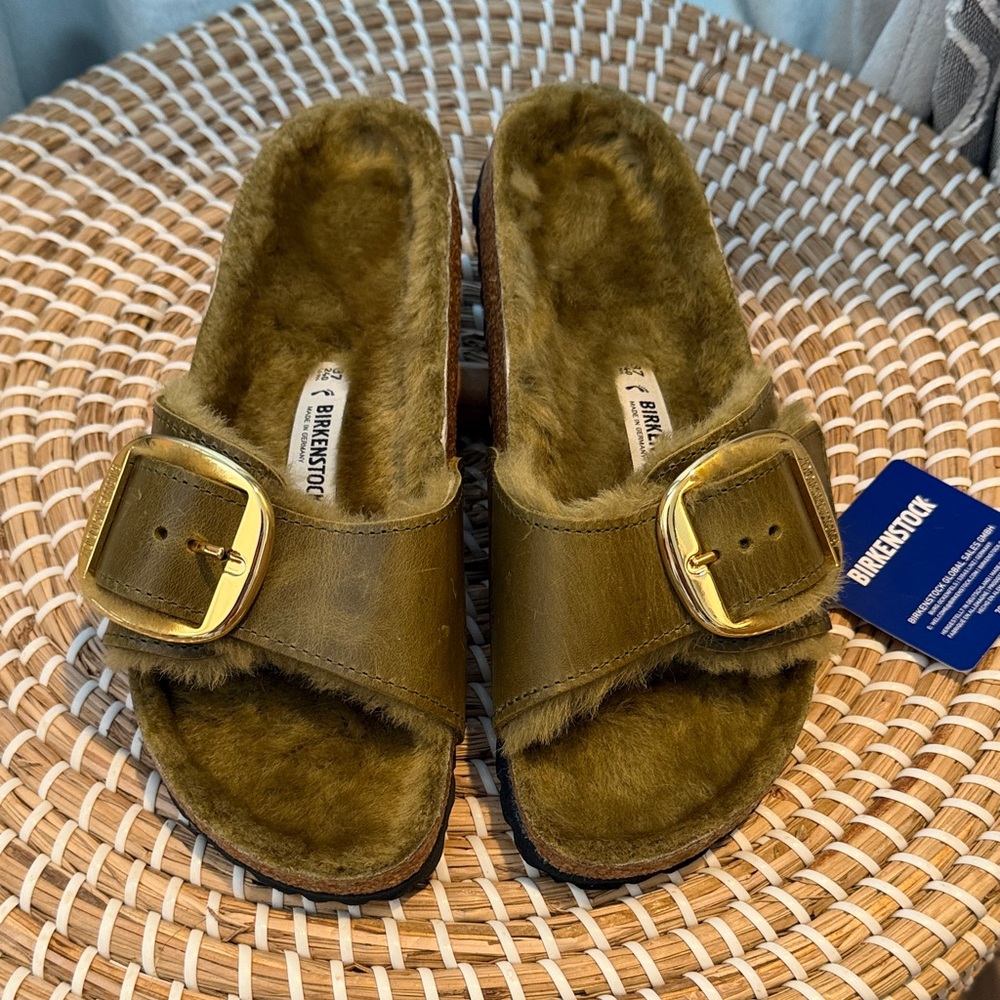 Birkenstock Khaki Fur-Lined Slides with Gold Buckle